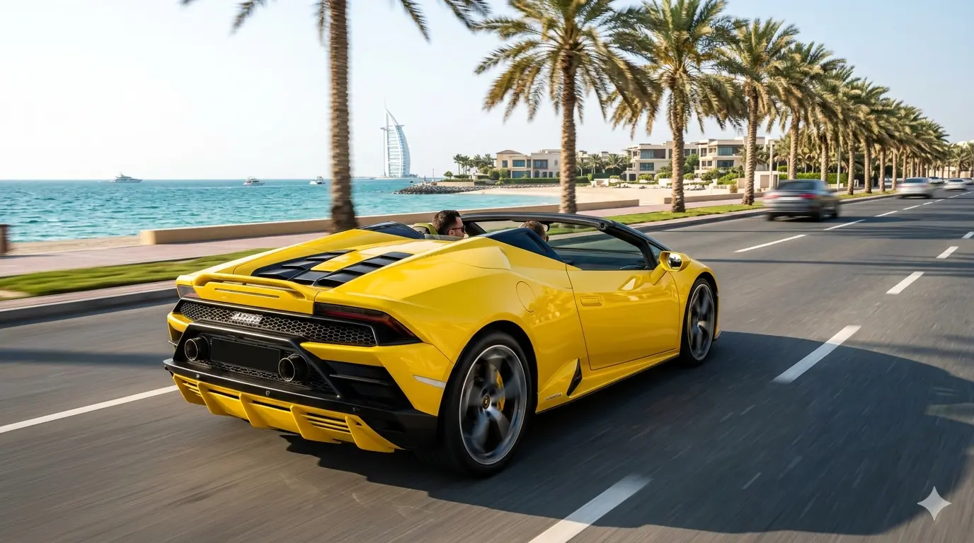 Lamborghini Huracan EVO Spyder yellow open top driving along Dubai coastline