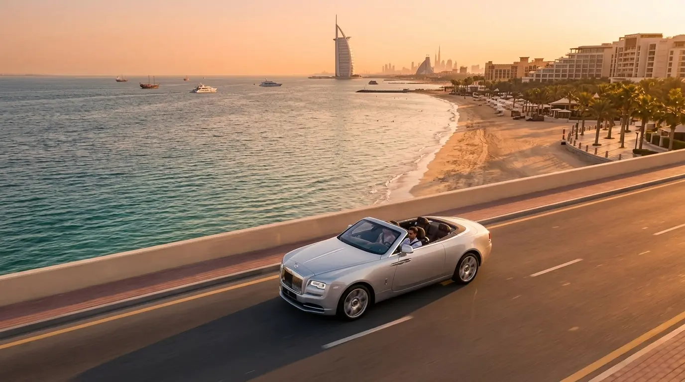Rolls-Royce Dawn convertible roof open driving along Jumeirah Beach Road Dubai at sunset
