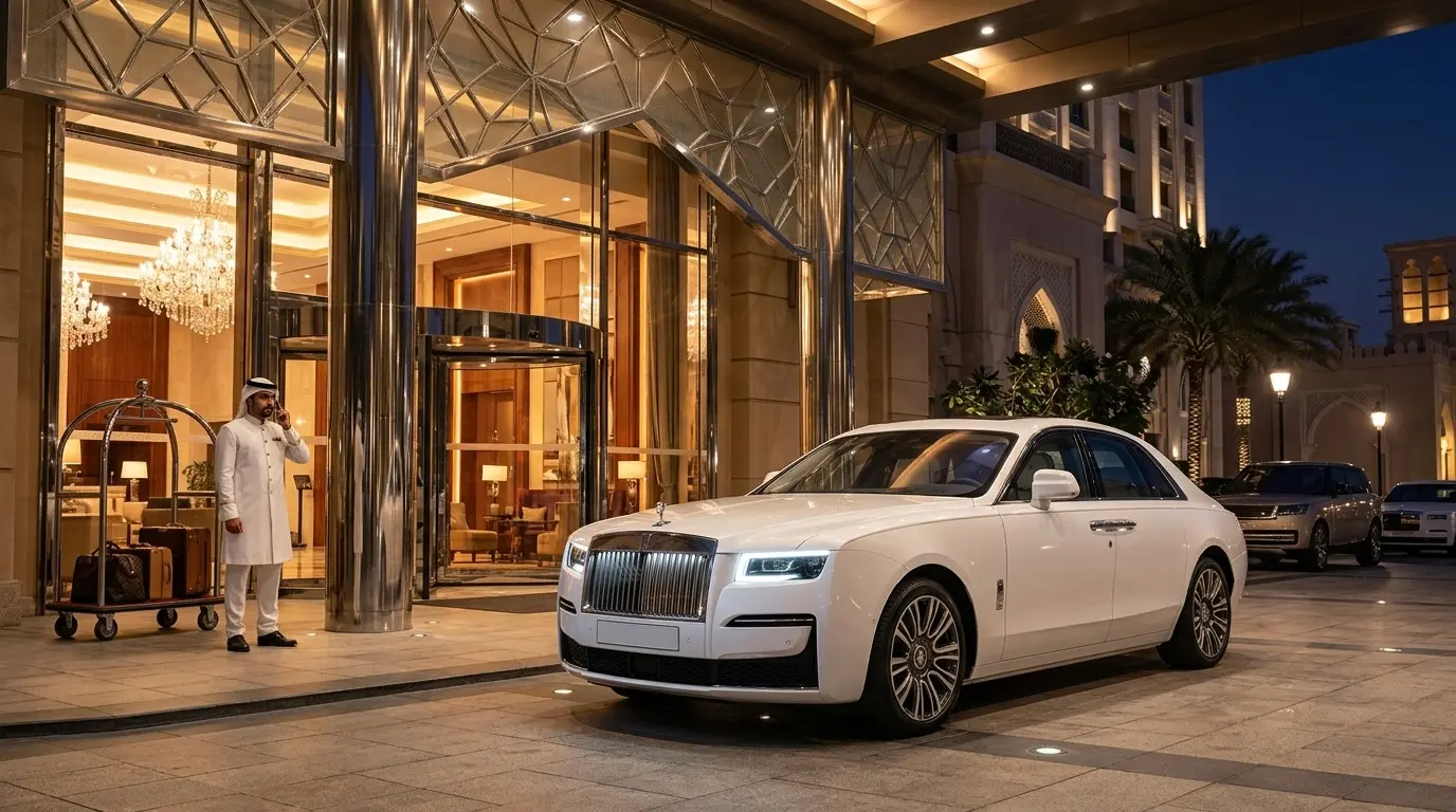 Rolls-Royce Ghost parked outside a luxury hotel in Dubai