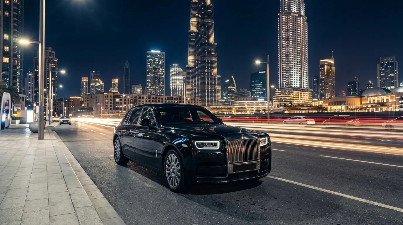 Rolls-Royce Phantom at night in Downtown Dubai with Burj Khalifa